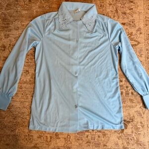 Light Blue Women's Button-Up Blouse with Embroidered Collar